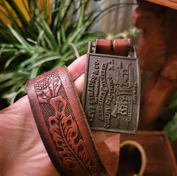VINTAGE Tex made embossed GENUINE Leather Belt 32 Levi Buckle SNAP OFF western r - Picture 14 of 16